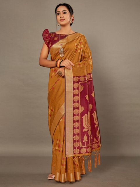 

KALINI Mustard & Red Woven Design Zari Silk Blend Saree