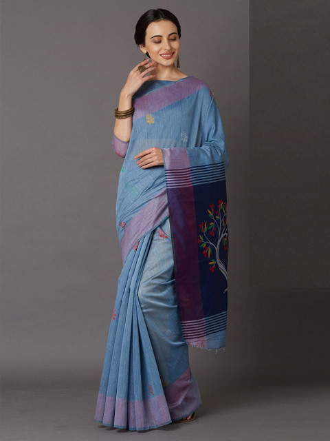 

KALINI Blue & Pink Floral Silk Cotton Saree