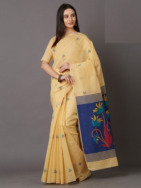 

KALINI Cream-Coloured & Blue Floral Silk Cotton Saree