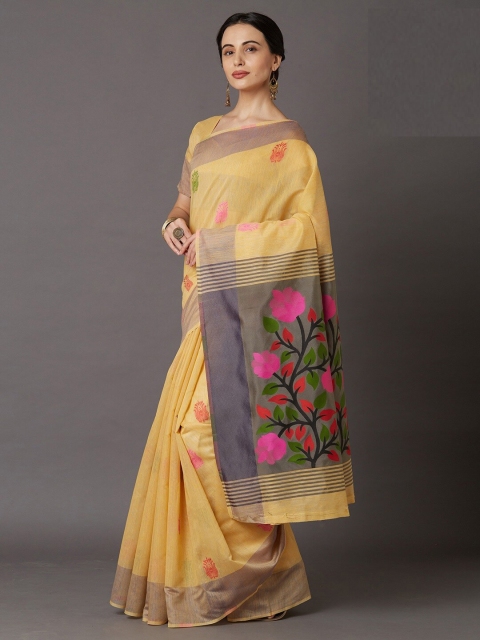 

KALINI Yellow & Grey Floral Silk Cotton Saree