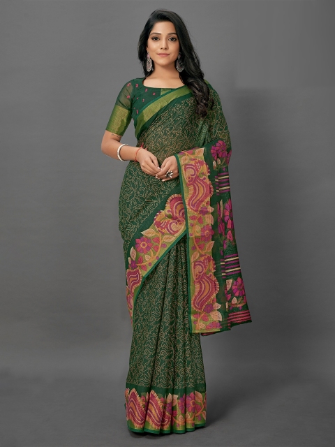 

KALINI Green & Pink Floral Silk Cotton Saree