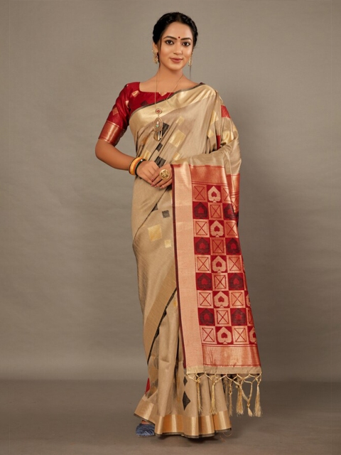

KALINI Beige & Red Silk Blend Saree