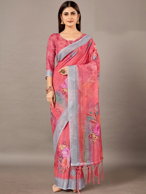 

KALINI Pink & Silver-Toned Floral Zari Linen Blend Saree