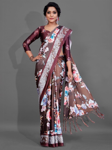 

KALINI Brown & Blue Floral Pure Crepe Saree