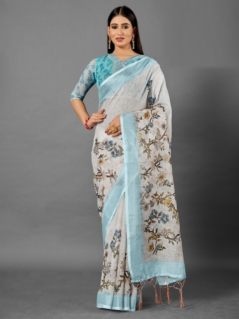 

KALINI White & Blue Floral Zari Linen Blend Saree