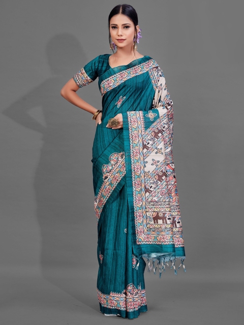

KALINI Sea Green & Cream-Coloured Ethnic Motifs Saree