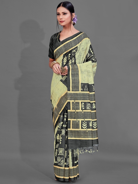 

KALINI Beige & Black Ethnic Motifs Cotton Blend Saree
