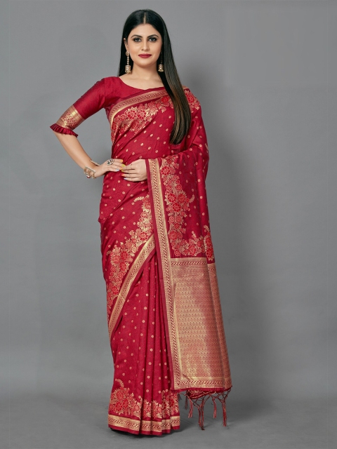 

KALINI Red & Gold-Toned Floral Zari Silk Blend Saree