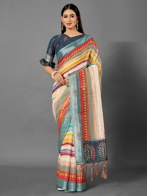 

KALINI Blue & Yellow Linen Blend Saree