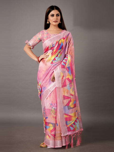 

KALINI Pink & Blue Zari Linen Blend Saree