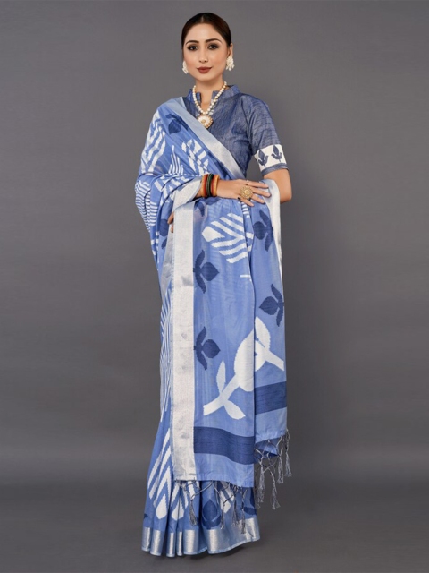 

KALINI Blue & White Woven Design Zari Silk Blend Saree