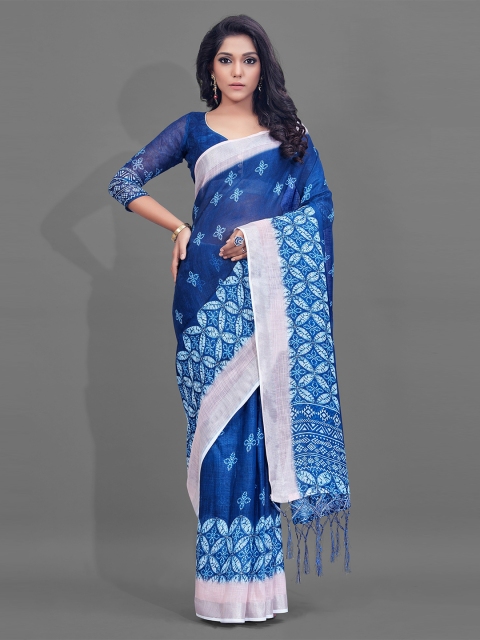 

KALINI Blue & White Floral Zari Linen Blend Saree