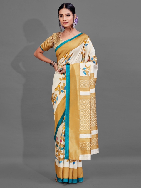 

KALINI Beige & White Floral Silk Blend Saree