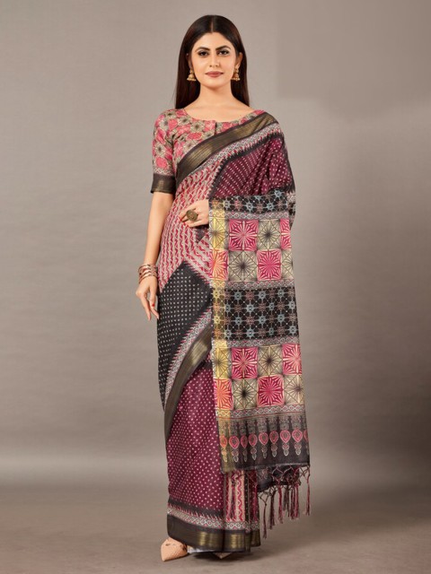 

KALINI Pink & Black Floral Zari Linen Blend Saree