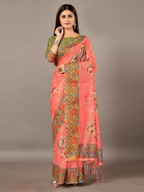 

KALINI Peach-Coloured & Green Floral Linen Blend Saree