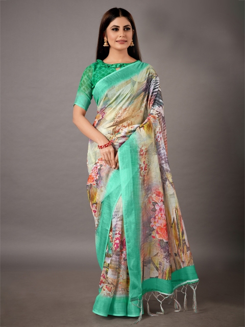 

KALINI Multicolored Floral Linen Blend Saree, Multi