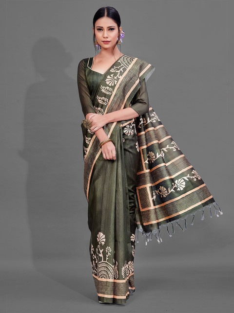 

KALINI Green & Beige Floral Cotton Blend Saree