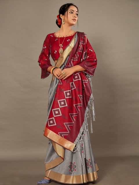 

KALINI Grey & Red Zari Silk Blend Saree