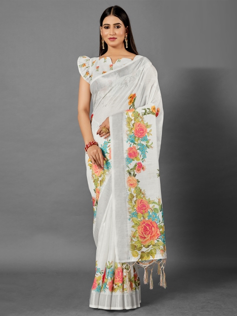 

KALINI White & Orange Floral Linen Blend Saree