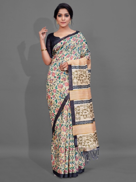 

KALINI Off White & Green Floral Cotton Blend Saree