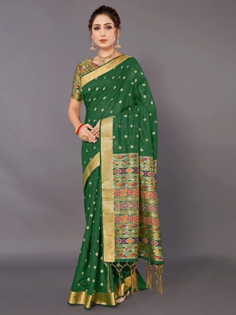 

KALINI Green & Gold-Toned Ethnic Motifs Zari Silk Blend Saree