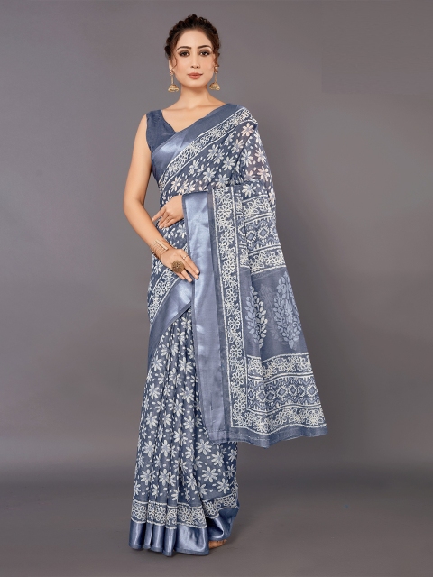

KALINI Blue & White Floral Linen Blend Saree