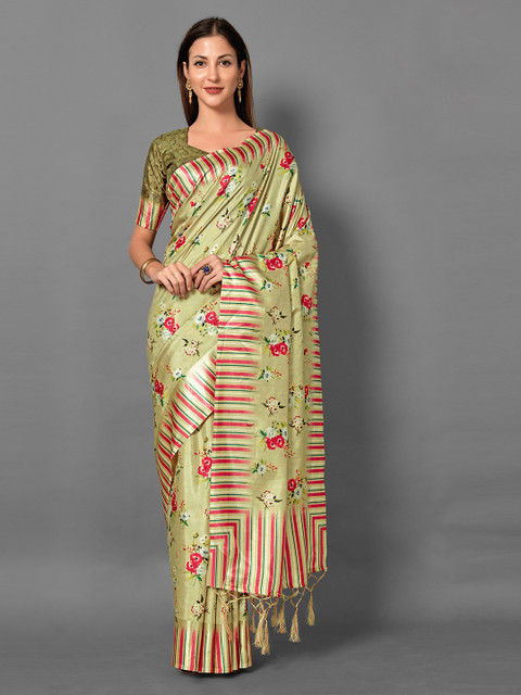 

KALINI Olive Green & Pink Floral Art Silk Saree