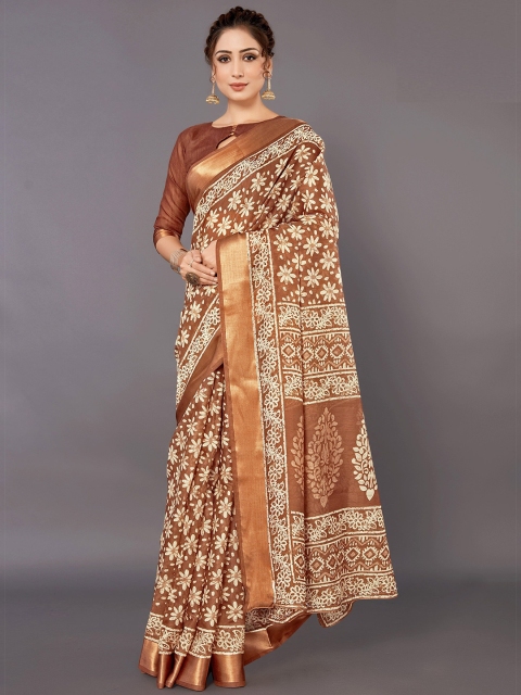 

KALINI Brown Floral Zari Linen Blend Saree