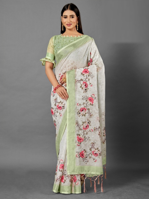

KALINI Grey & Green Floral Zari Linen Blend Saree