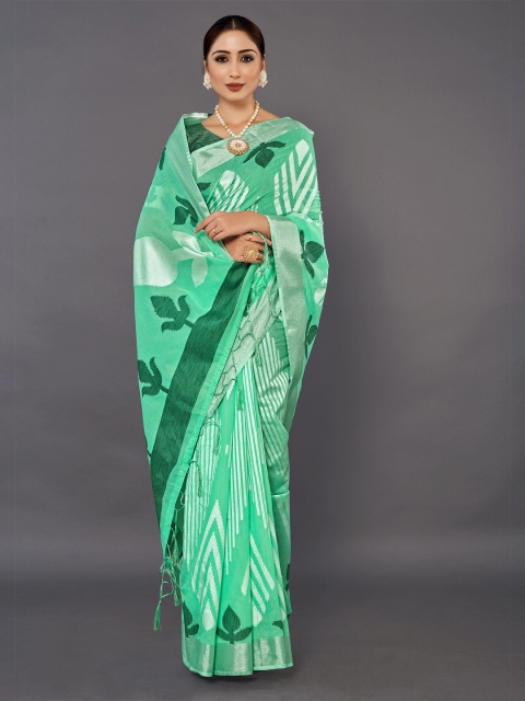 

KALINI Green & Silver-Toned Floral Zari Silk Blend Saree
