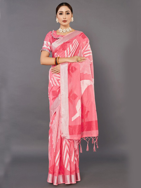 

KALINI Pink & White Floral Zari Silk Blend Saree
