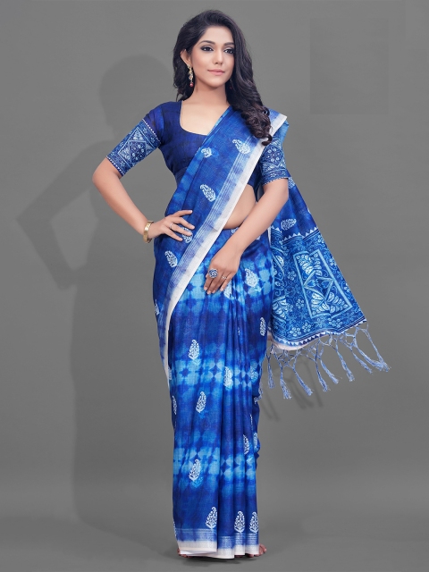 

KALINI Blue & White Ethnic Motifs Zari Linen Blend Saree