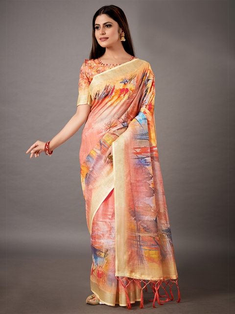 

KALINI Peach-Coloured & Blue Zari Linen Blend Saree