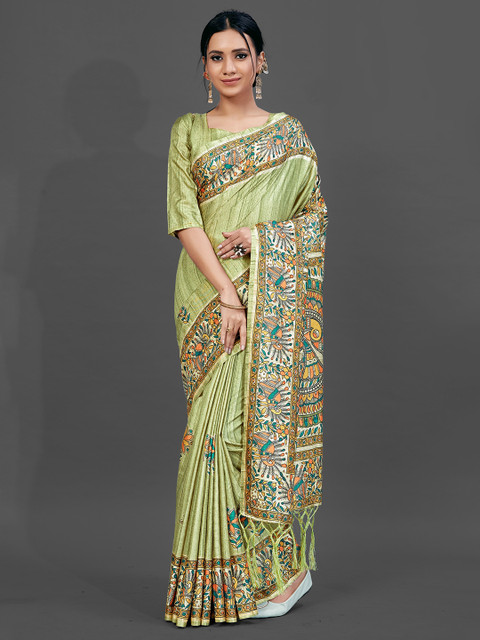 

KALINI Olive Green & Orange Kalamkari Art Silk Saree