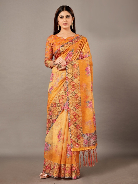 

KALINI Mustard & Pink Floral Linen Blend Saree