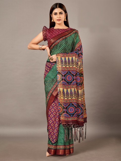 

KALINI Green & Maroon Ethnic Motifs Linen Blend Saree