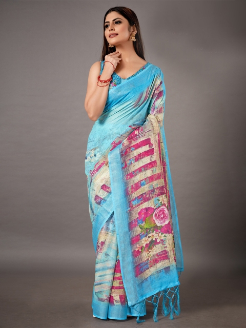 

KALINI Blue & Pink Zari Linen Blend Saree