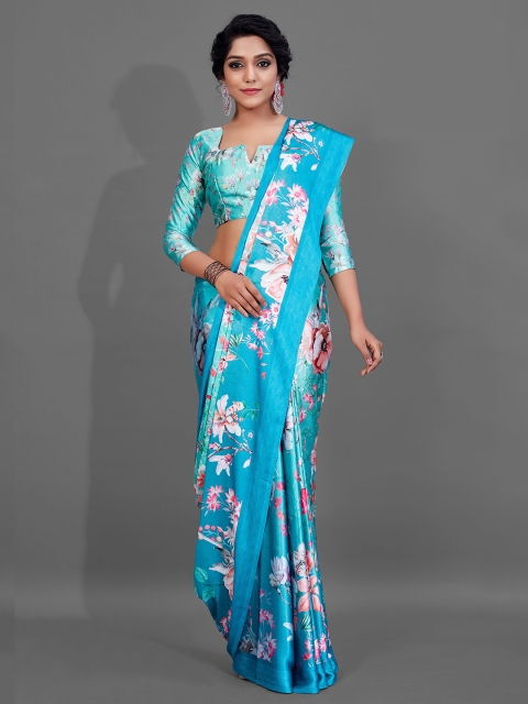 

KALINI Blue & Pink Floral Pure Crepe Saree