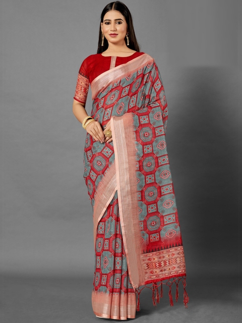 

KALINI Red & Grey Zari Linen Blend Saree