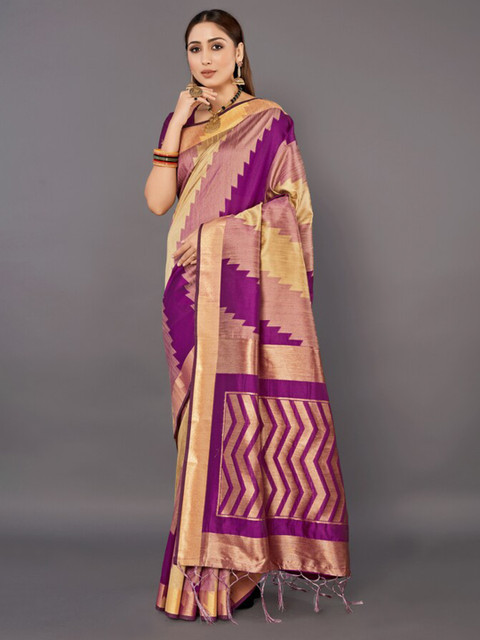 

KALINI Gold-Toned & Magenta Woven Design Zari Silk Blend Saree