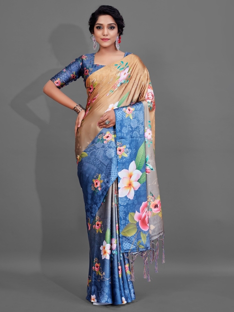 

KALINI Blue & Beige Floral Pure Crepe Saree