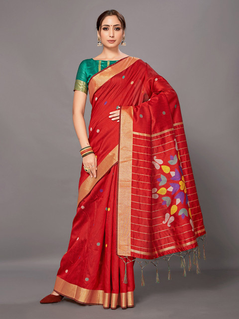 

KALINI Red & Green Floral Zari Silk Blend Saree