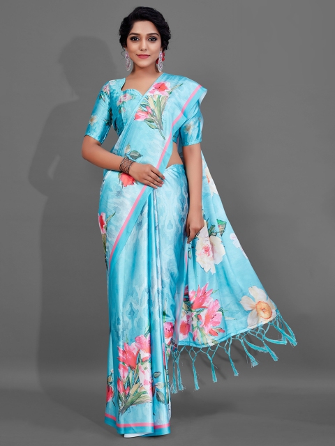 

KALINI Blue & Green Floral Pure Crepe Saree