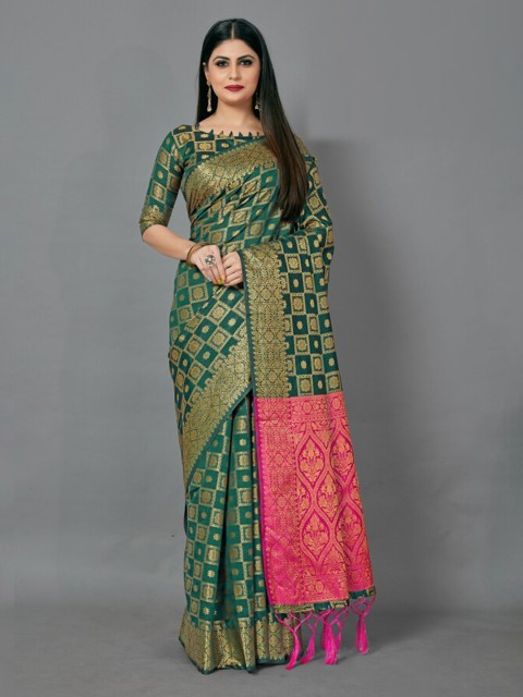 

KALINI Green & Pink Woven Design Zari Silk Blend Saree
