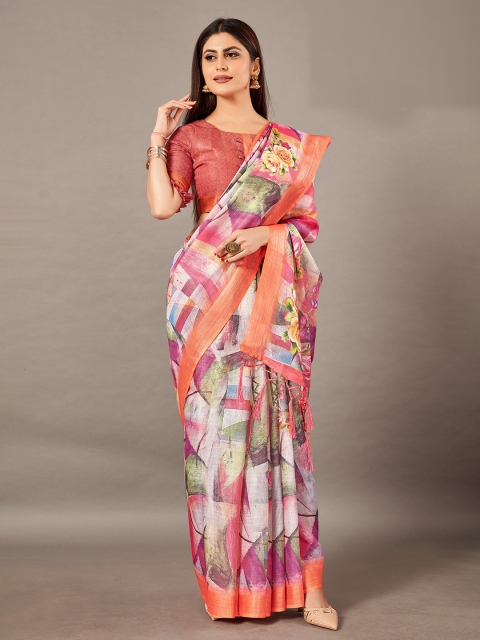 

KALINI Pink & Green Woven Design Linen Blend Saree