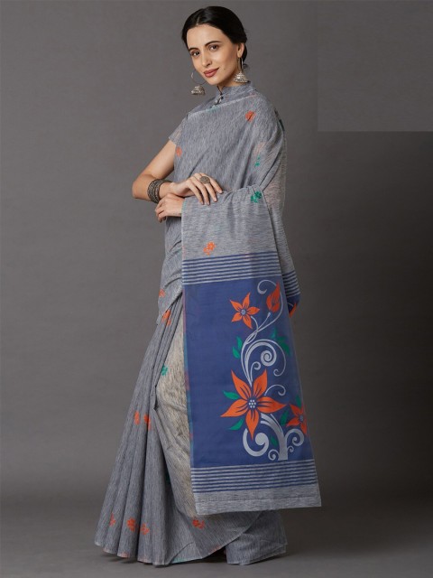 

KALINI Grey & Blue Floral Silk Cotton Saree