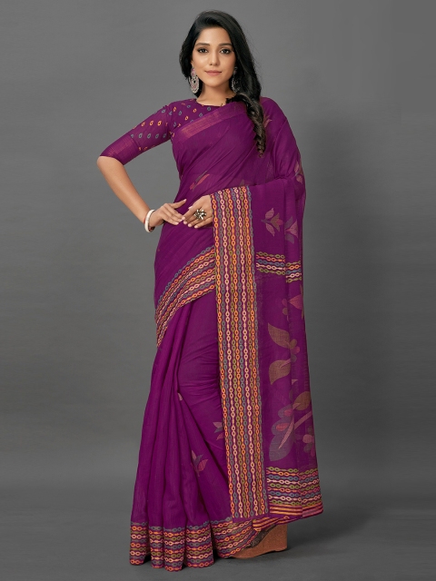 

KALINI Purple & Orange Floral Silk Cotton Saree