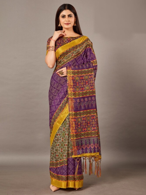 

KALINI Violet & Green Ethnic Motifs Zari Linen Blend Saree