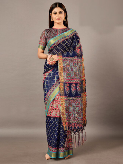 

KALINI Navy Blue & Red Ethnic Motifs Zari Linen Blend Saree