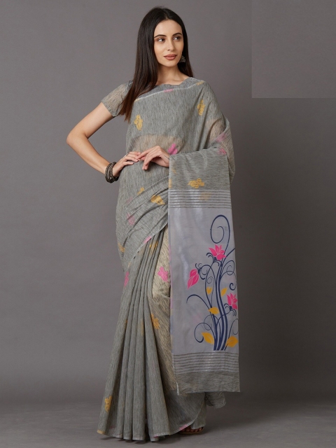 

KALINI Grey & Blue Floral Silk Cotton Saree